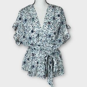 Max Studio Floral Faux Wrap Blouse‎ V Neck Flutter Sleeve Smocked Waist Top XL